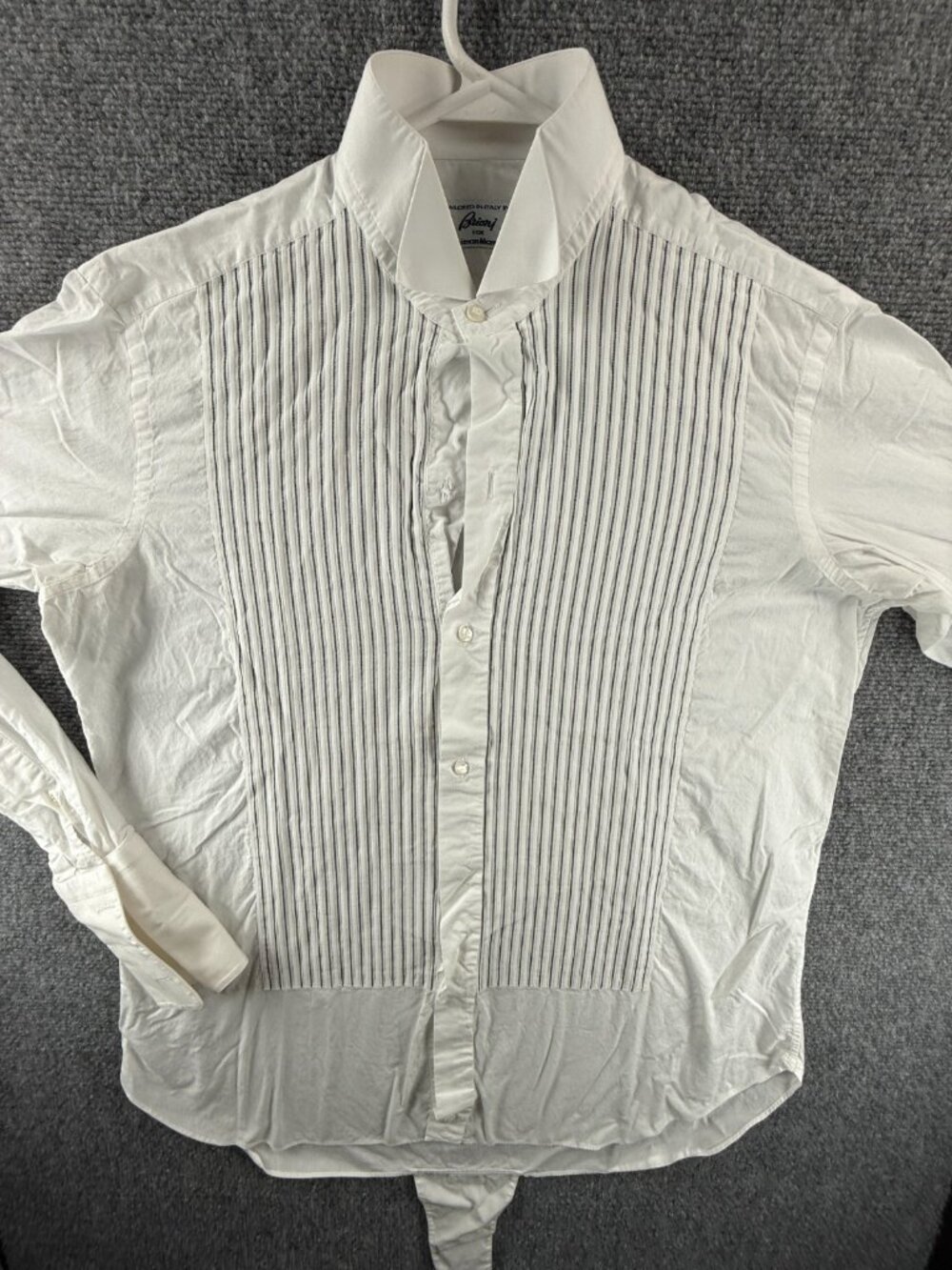 Brioni Dress Shirt Men White Black Striped Wing Tip 15.5R Formal Tuxedo Pleats
